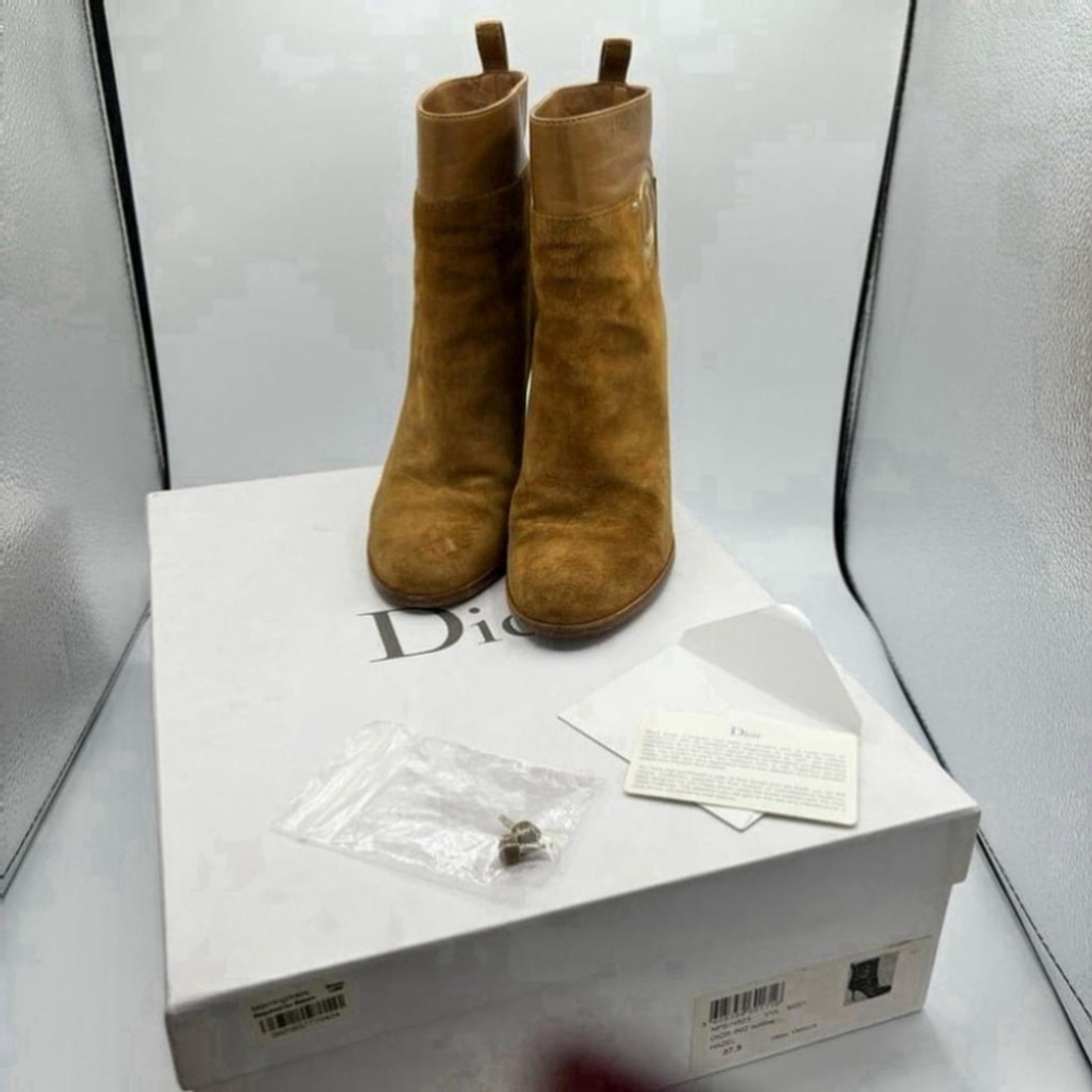 Christian Dior Suede ankle Boots Cd Logo Brown Stiletto Heel Bootie EU 37.5 - Picture 14 of 16